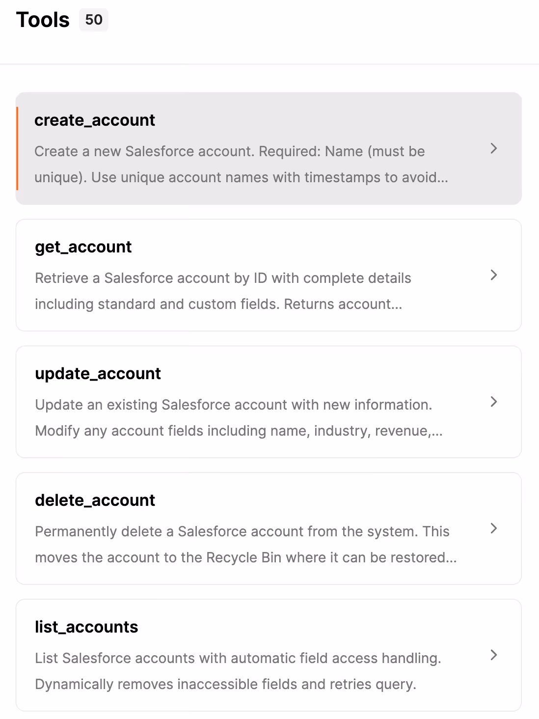 Salesforce MCP server's supported tools