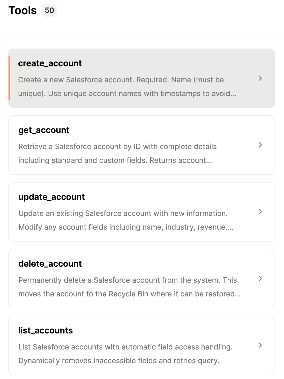 Salesforce MCP server's supported tools