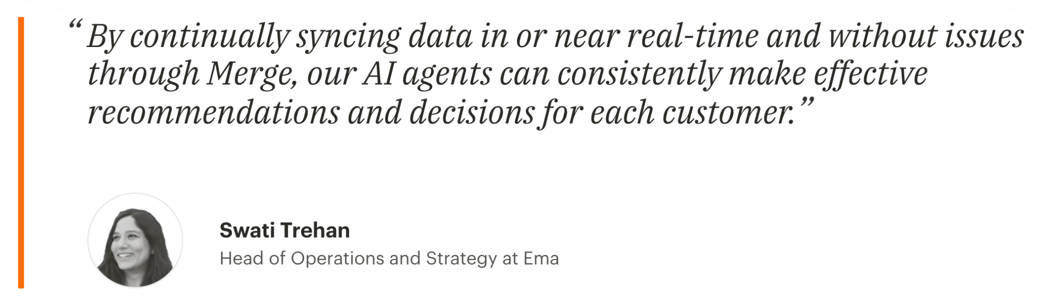 Quote from Swati, head of ops and strategy at Ema, on using Merge