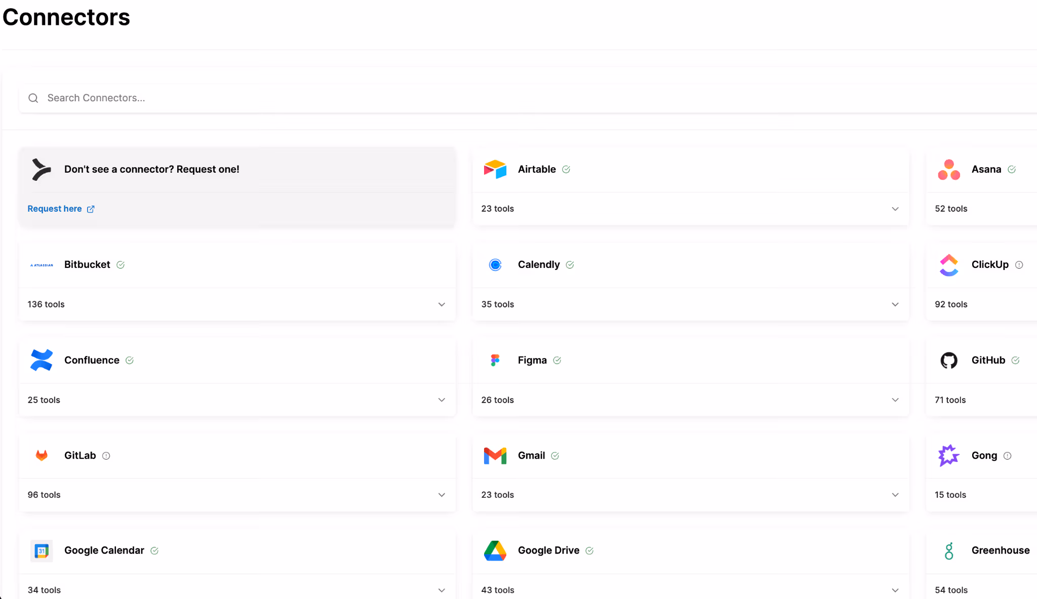 A snapshot of Merge Agent Handler's pre-built MCP connectors
