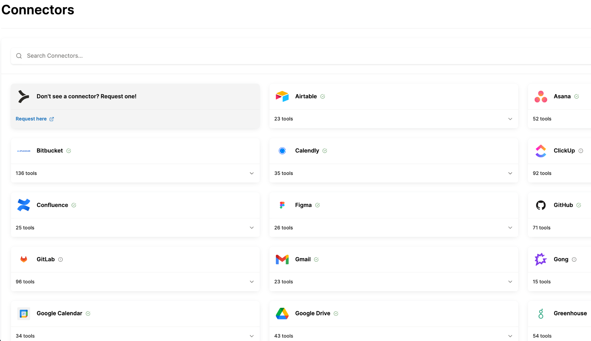 A snapshot of Merge Agent Handler's pre-built MCP connectors