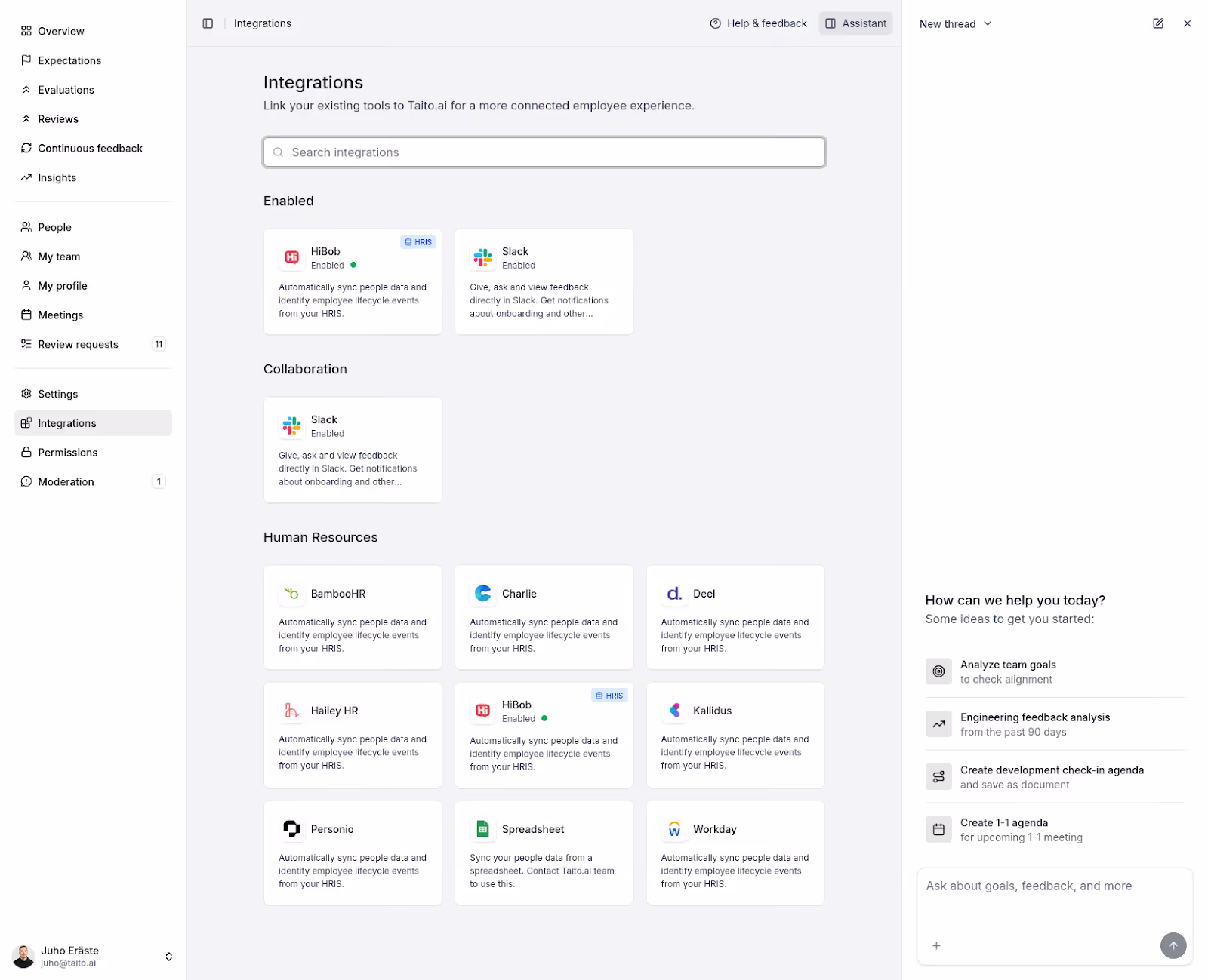 Taito.ai's integration marketplace for logged-in users