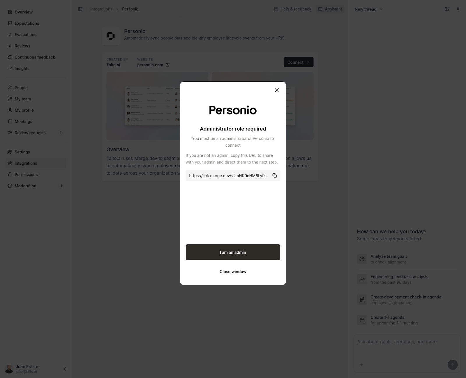 How Merge Link appears for Personio in Taito.ai