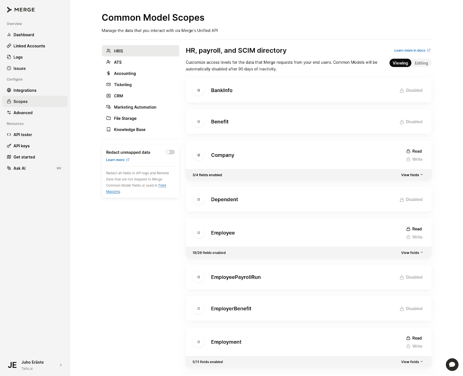 How Taito.ai applies Merge's Common Model Scopes