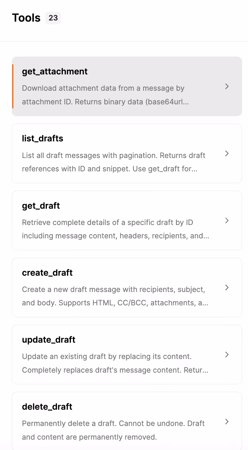 A snapshot of Merge Agent Handler’s Gmail connector's out-of-the-box tools