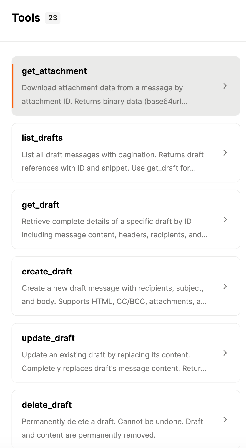 A snapshot of Merge Agent Handler’s Gmail connector's out-of-the-box tools