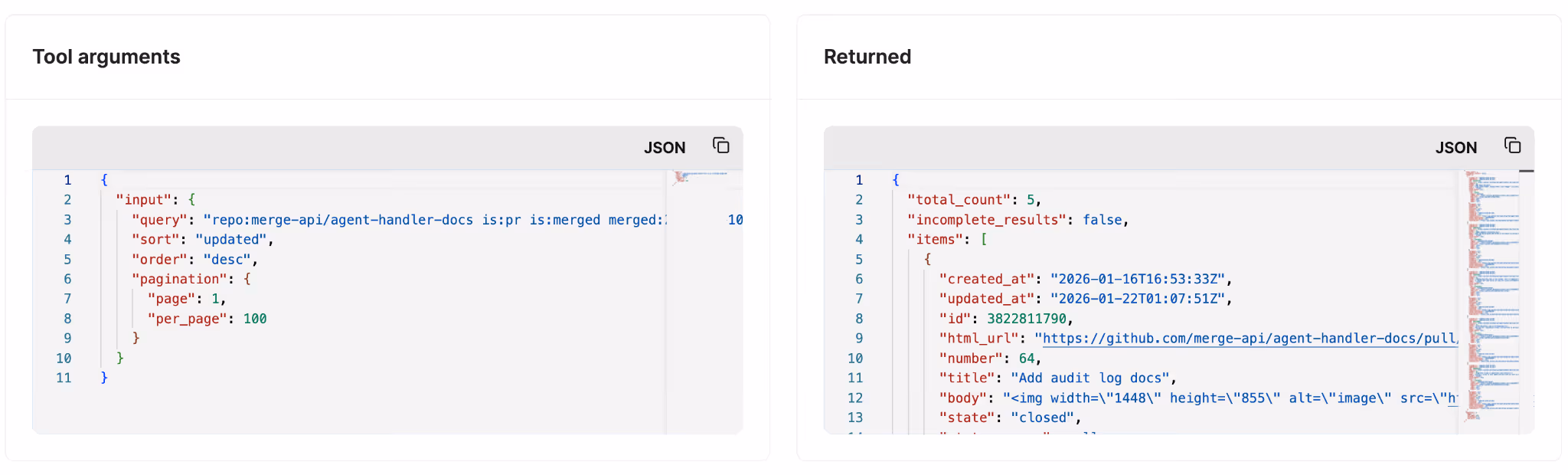 Merge Agent Handler provides tool arguments and responses in its logs