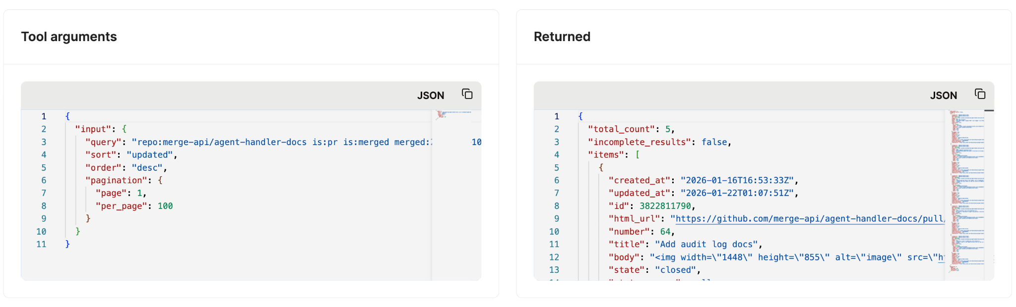 Merge Agent Handler provides tool arguments and responses in its logs