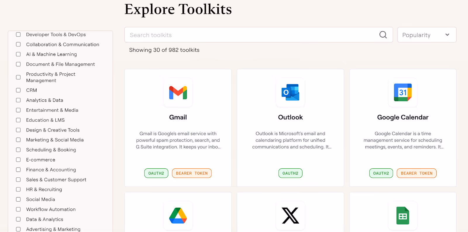 A snapshot of Composio's Toolkits