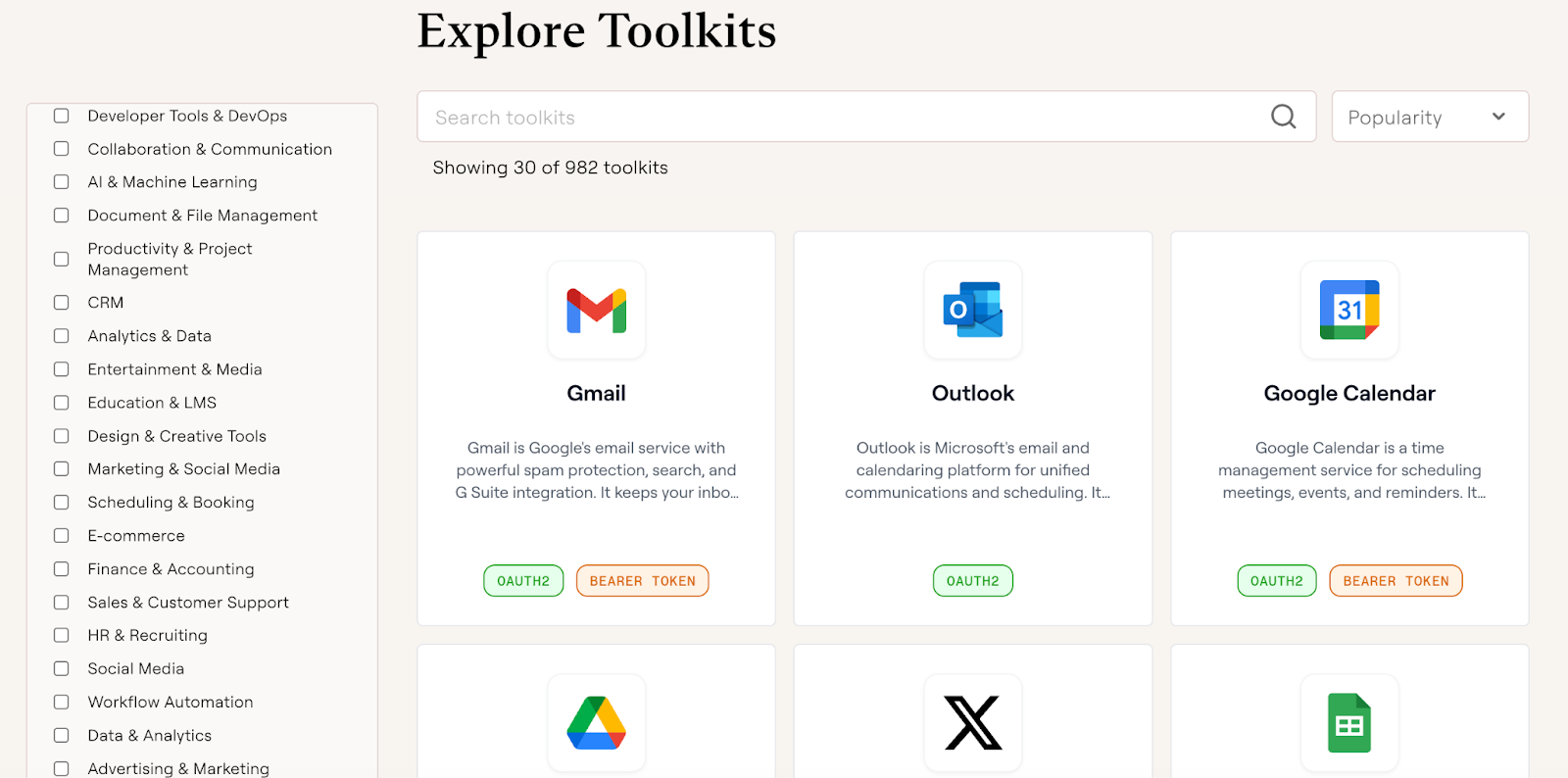 A snapshot of Composio's Toolkits