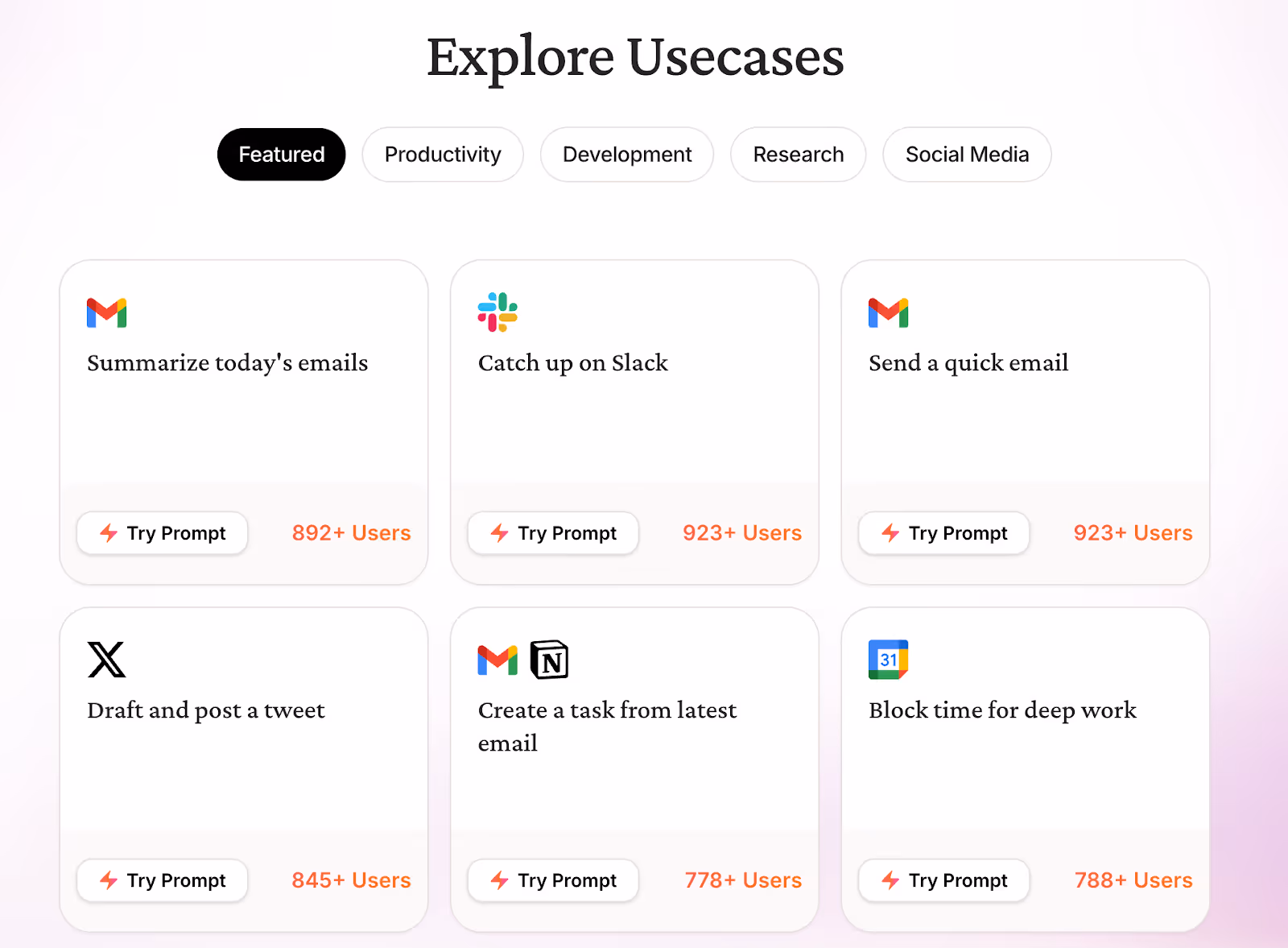 A snapshot of Composio's use case templates