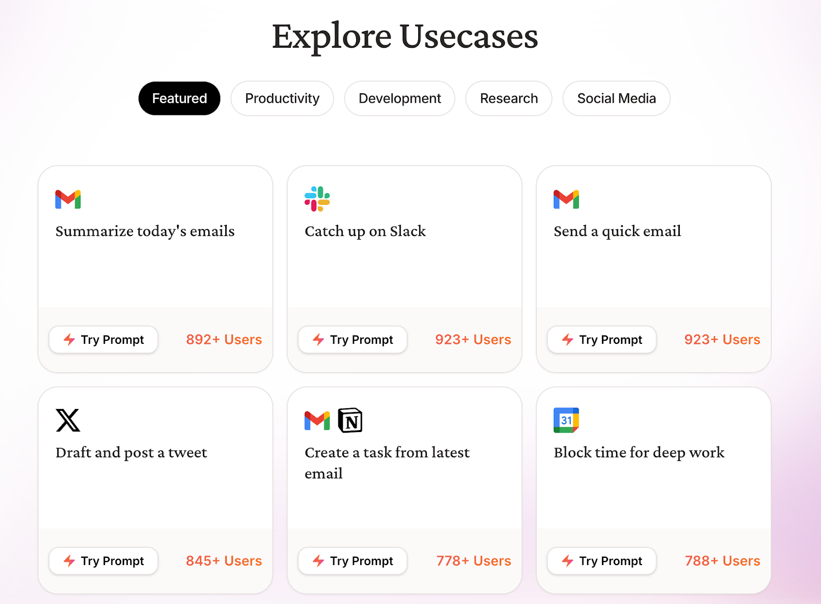 A snapshot of Composio's use case templates