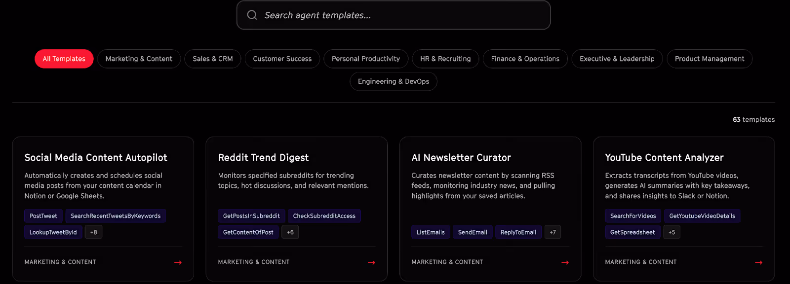 Screenshot of templates on Arcade.dev