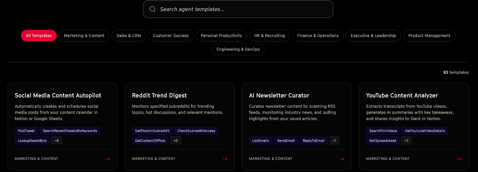 Screenshot of templates on Arcade.dev