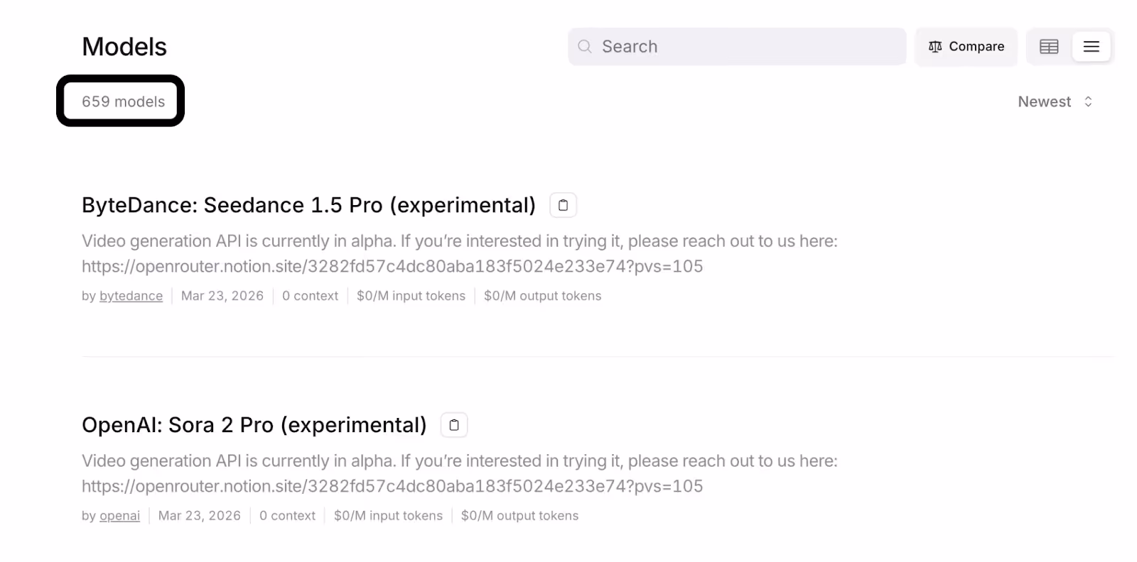 A snapshot of the models OpenRouter supports