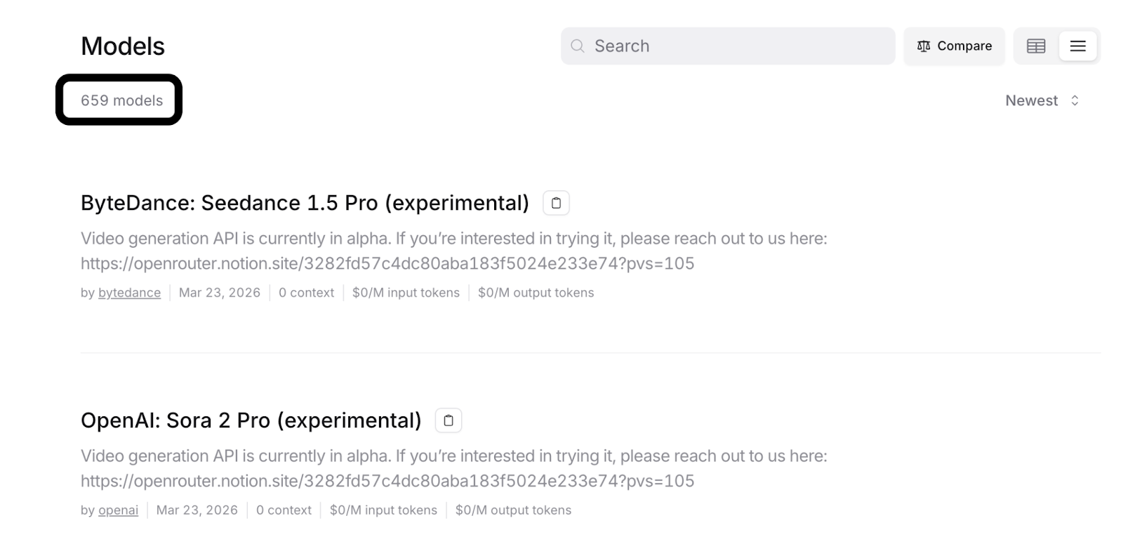 A snapshot of the models OpenRouter supports