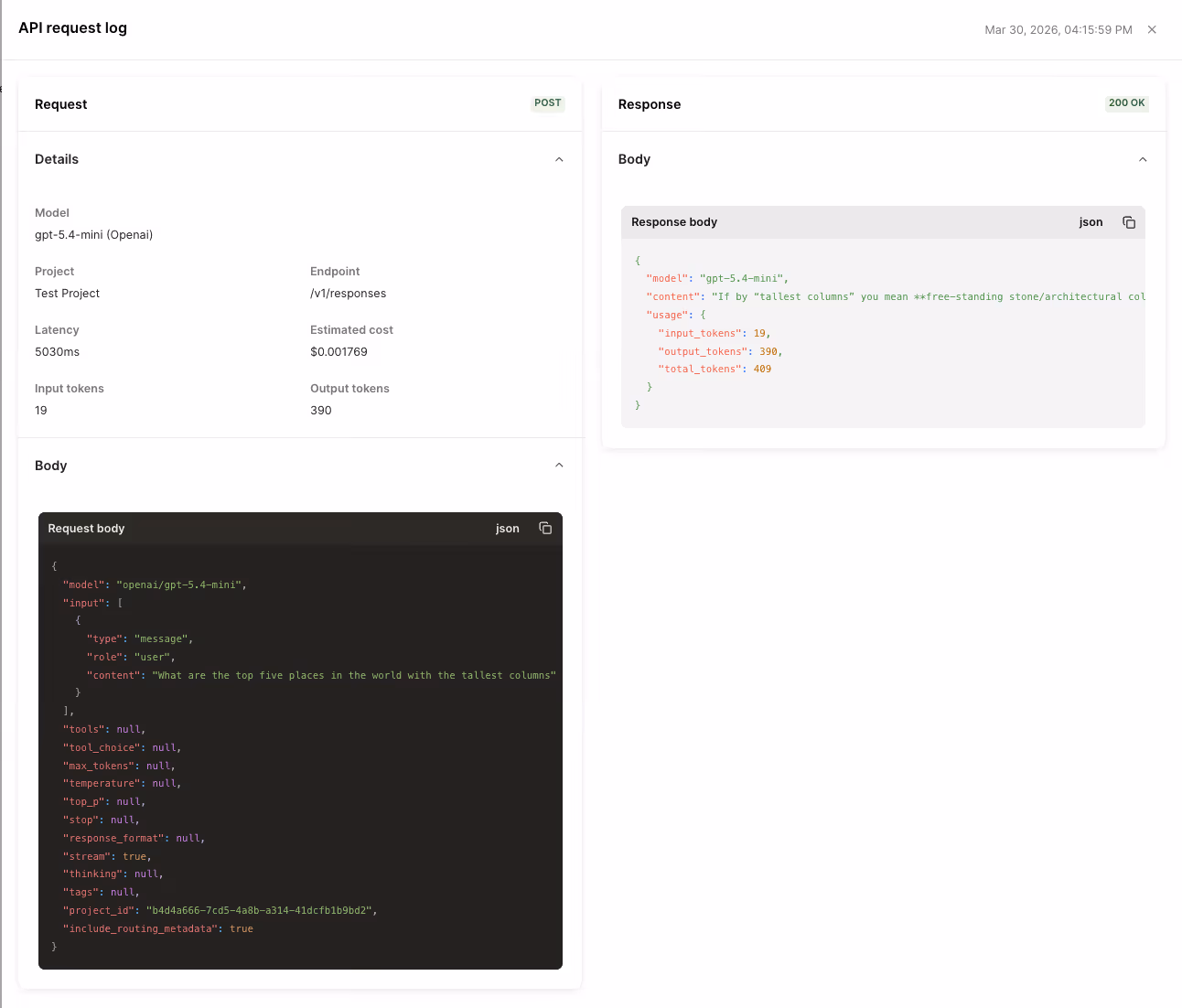 API request logs in Merge Gateway