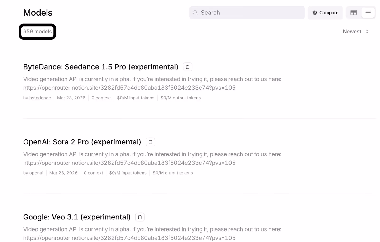 Snapshot of OpenRouter's models