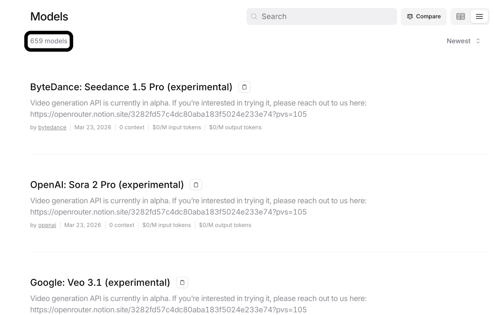 Snapshot of OpenRouter's models