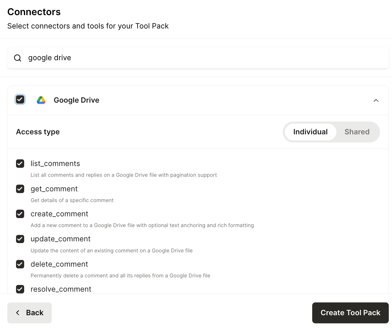 Adding the Google Drive connector to a Tool Pack