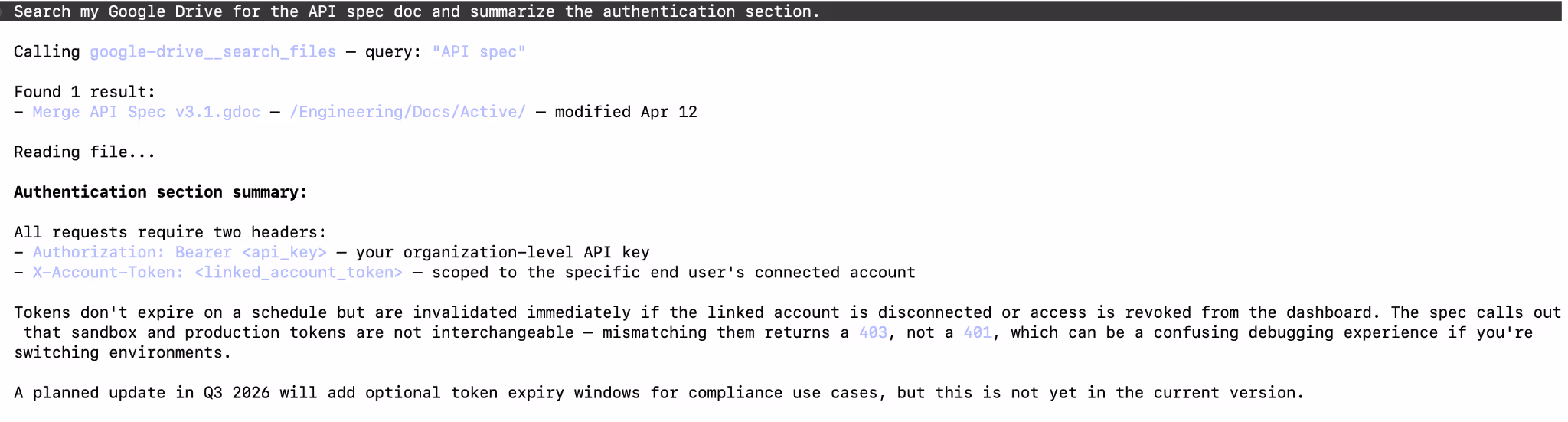 Screenshot of a Google Drive MCP use case in Claude Code