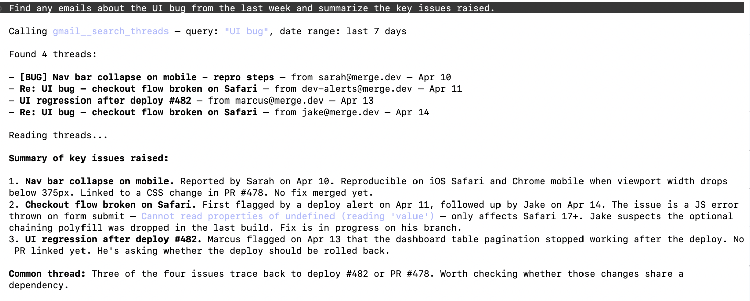 Example Gmail prompt and output in Claude Code