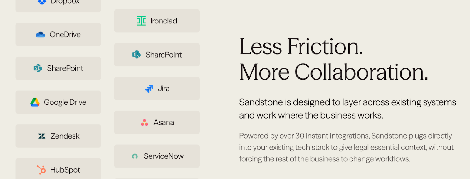 How Sandstone promotes the integrations they’ve added via Merge on their homepage