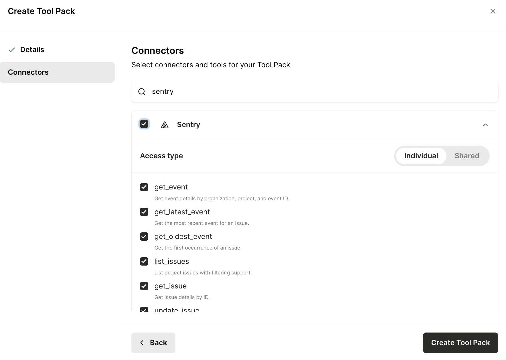 Adding the Sentry connector to a Tool Pack