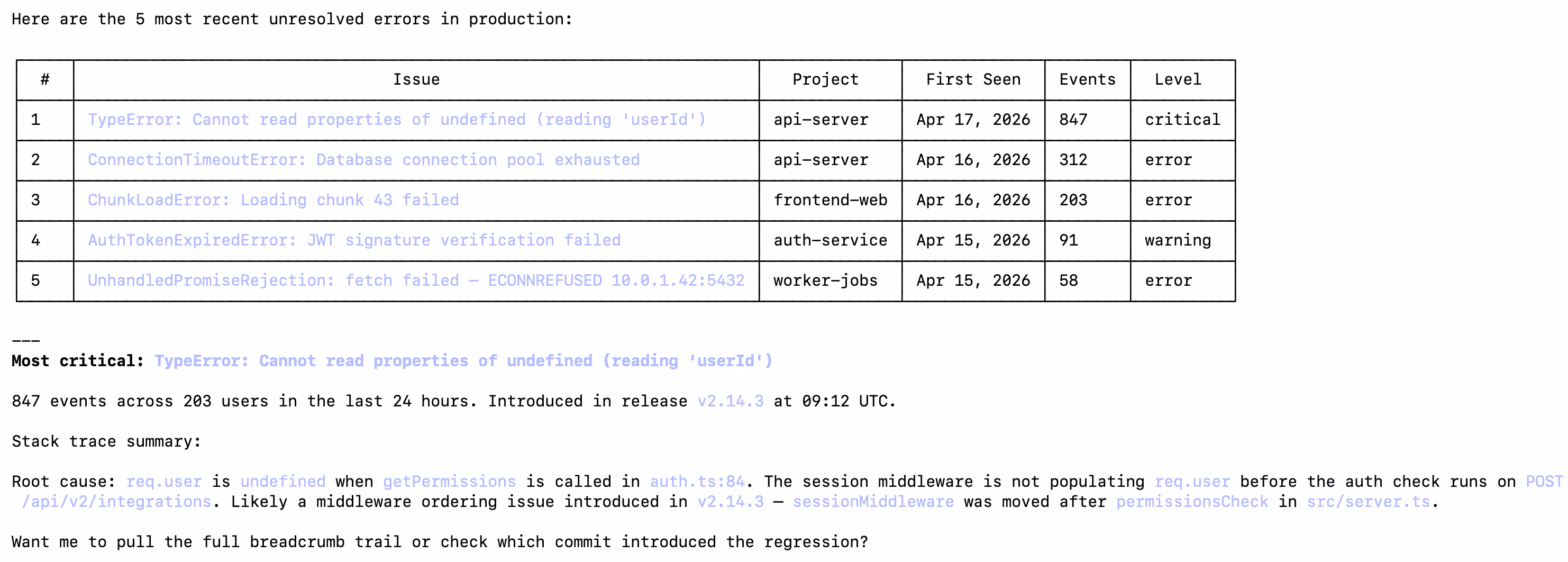 Claude Code output example from a prompt that uses Sentry MCP