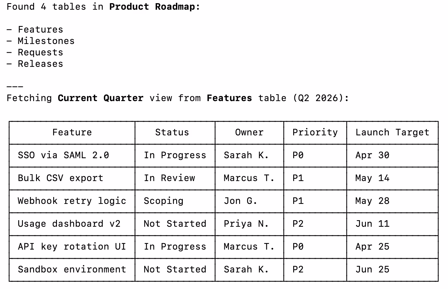 Example output of using Airtable in Claude Code