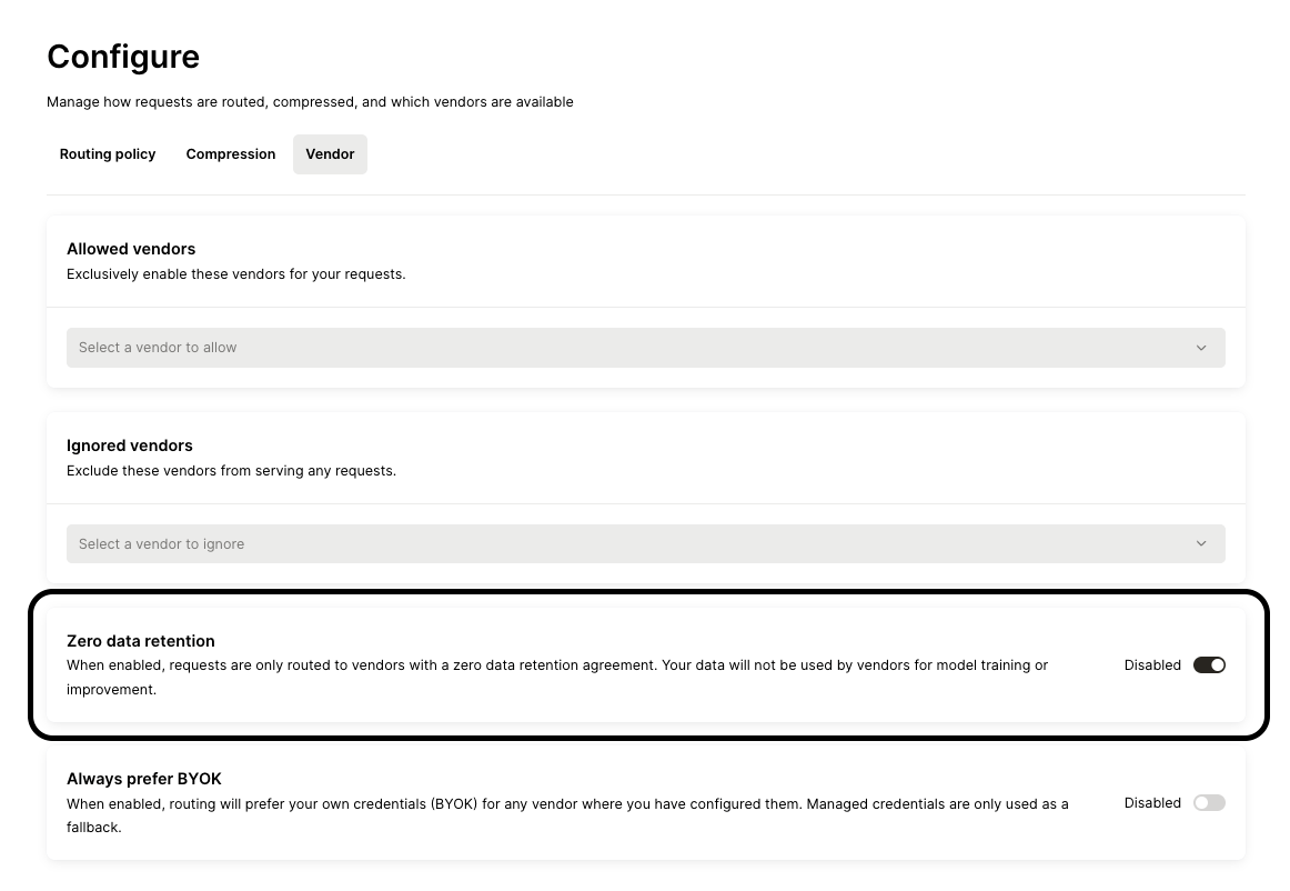 Toggling on zero data retention.