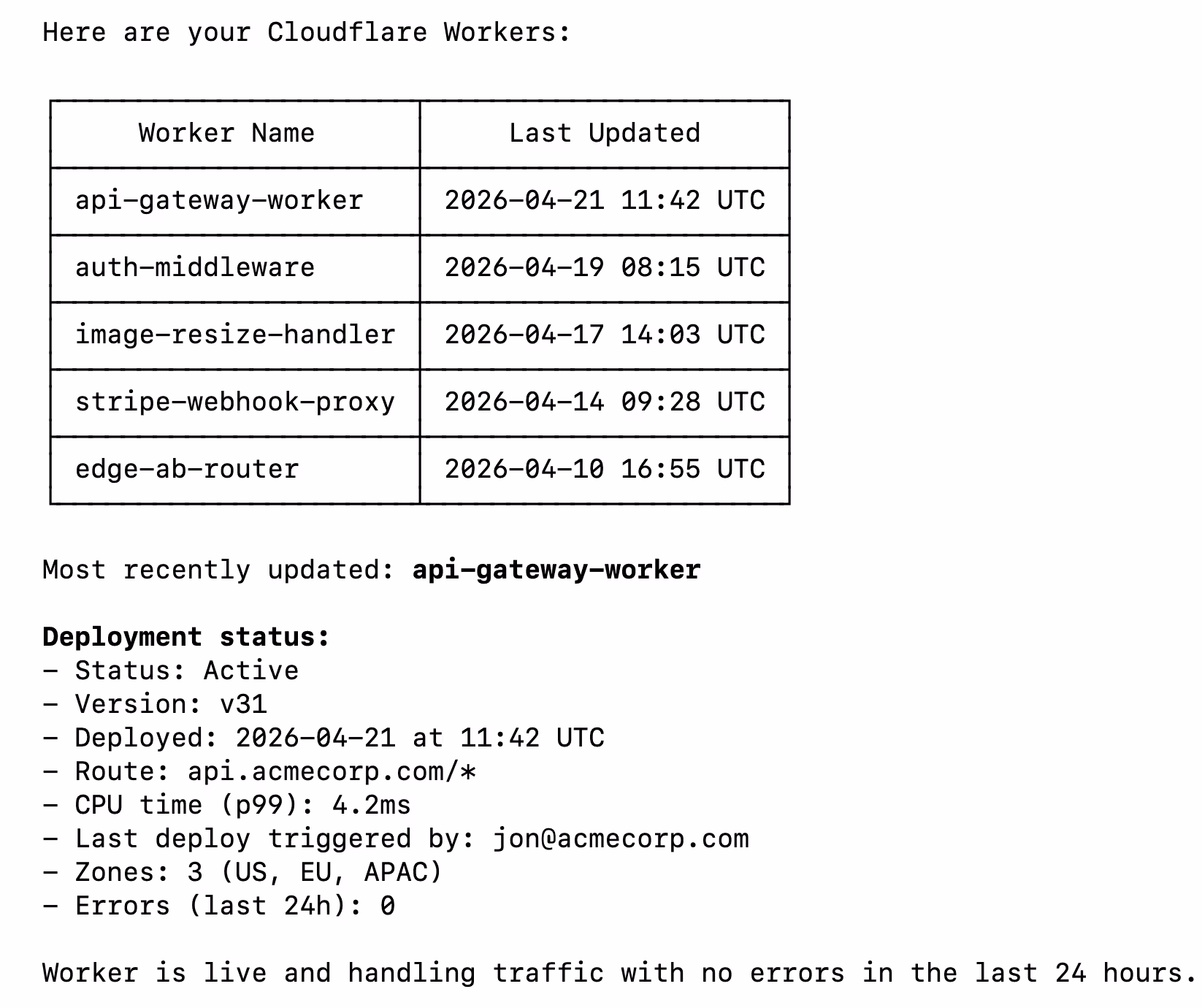 An example output in Claude Code with Cloudflare data