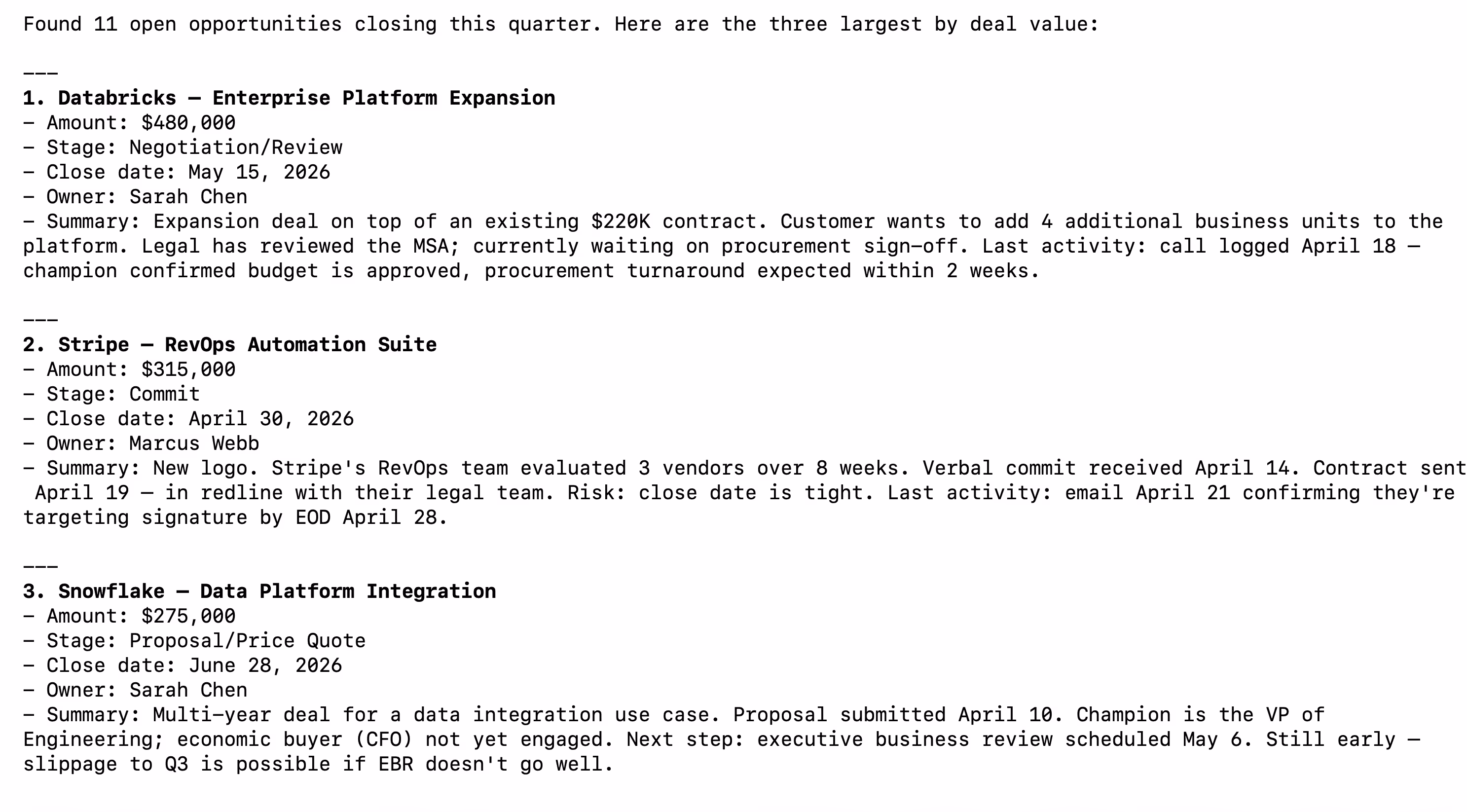 Claude Code output example with the Salesforce MCP
