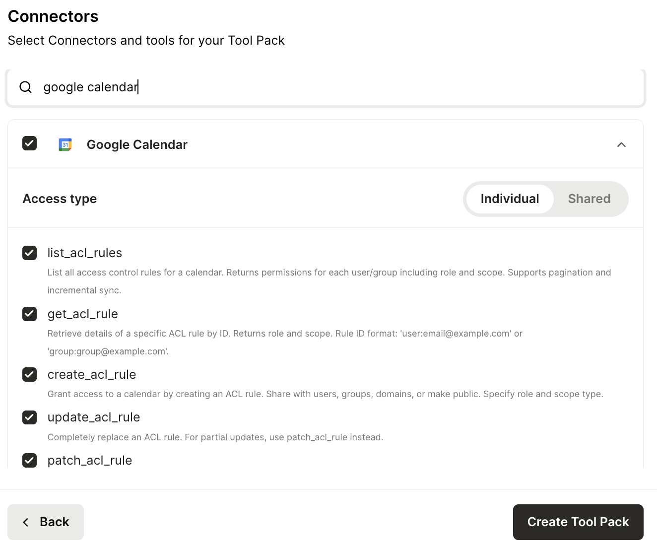 Adding a Google Calendar connector to a Tool Pack