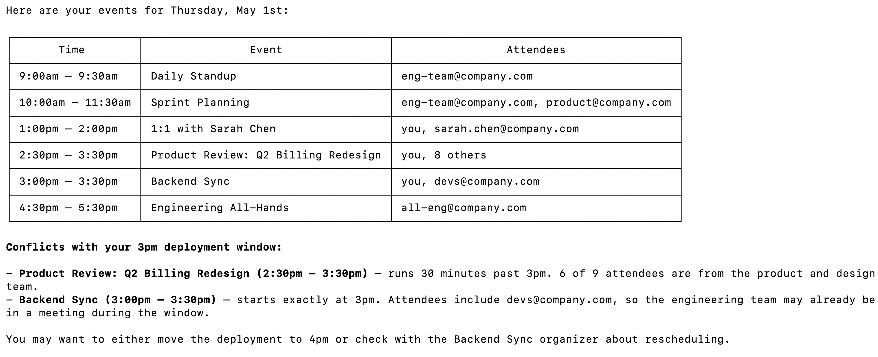 Example of using the Google Calendar connector in Claude Code
