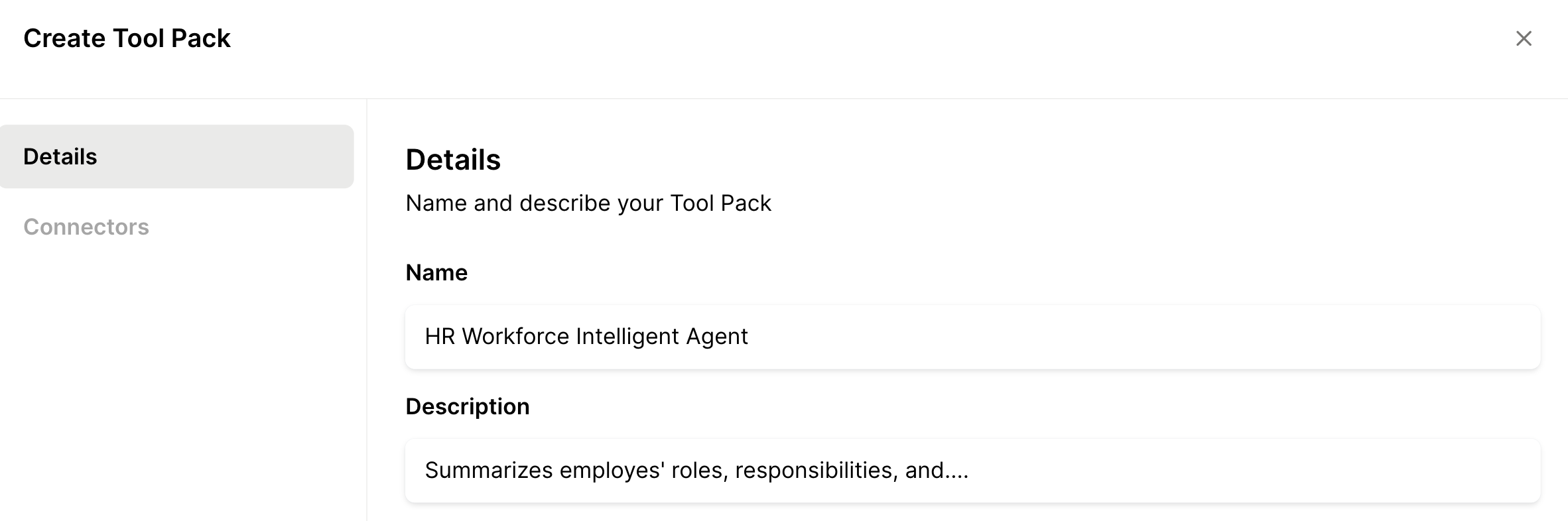 Creating Tool Pack name and description with Workday connector