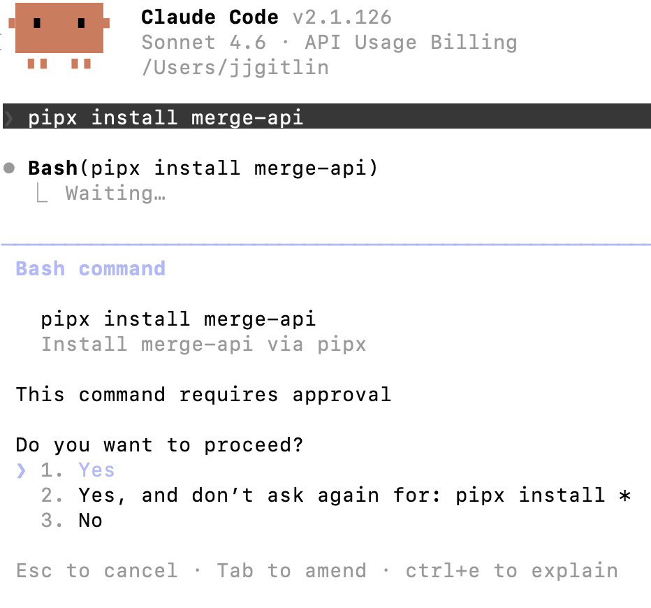 How to add pipx install merge-api in Claude Code
