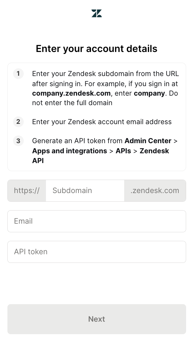 Zendesk auth UI