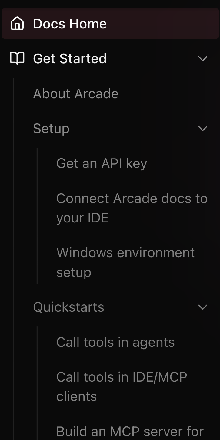 A snapshot of the items Arcade covers in its docs