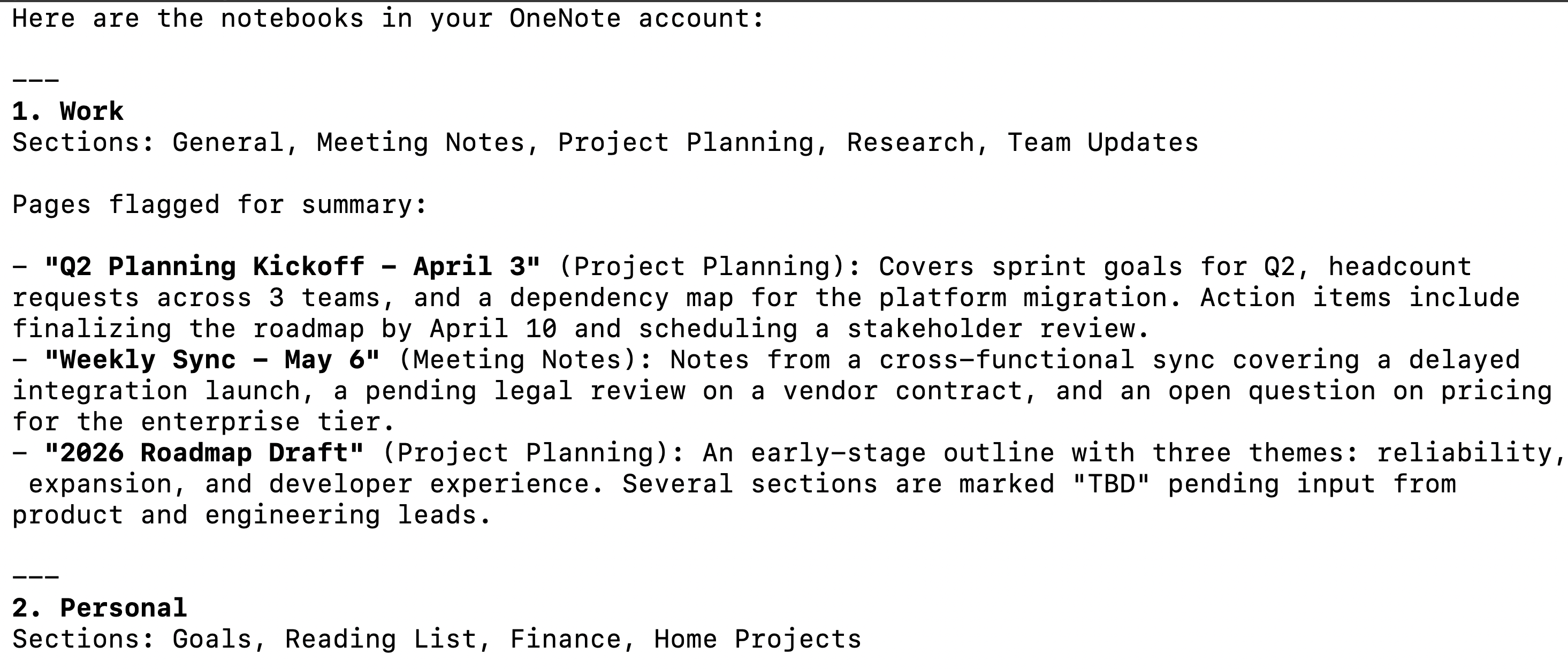 Screenshot of using OneNote MCP in Claude Code