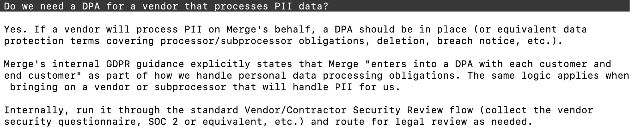 Claude Code's answer when we ask if they need a DPA for a vendor that processes PII data