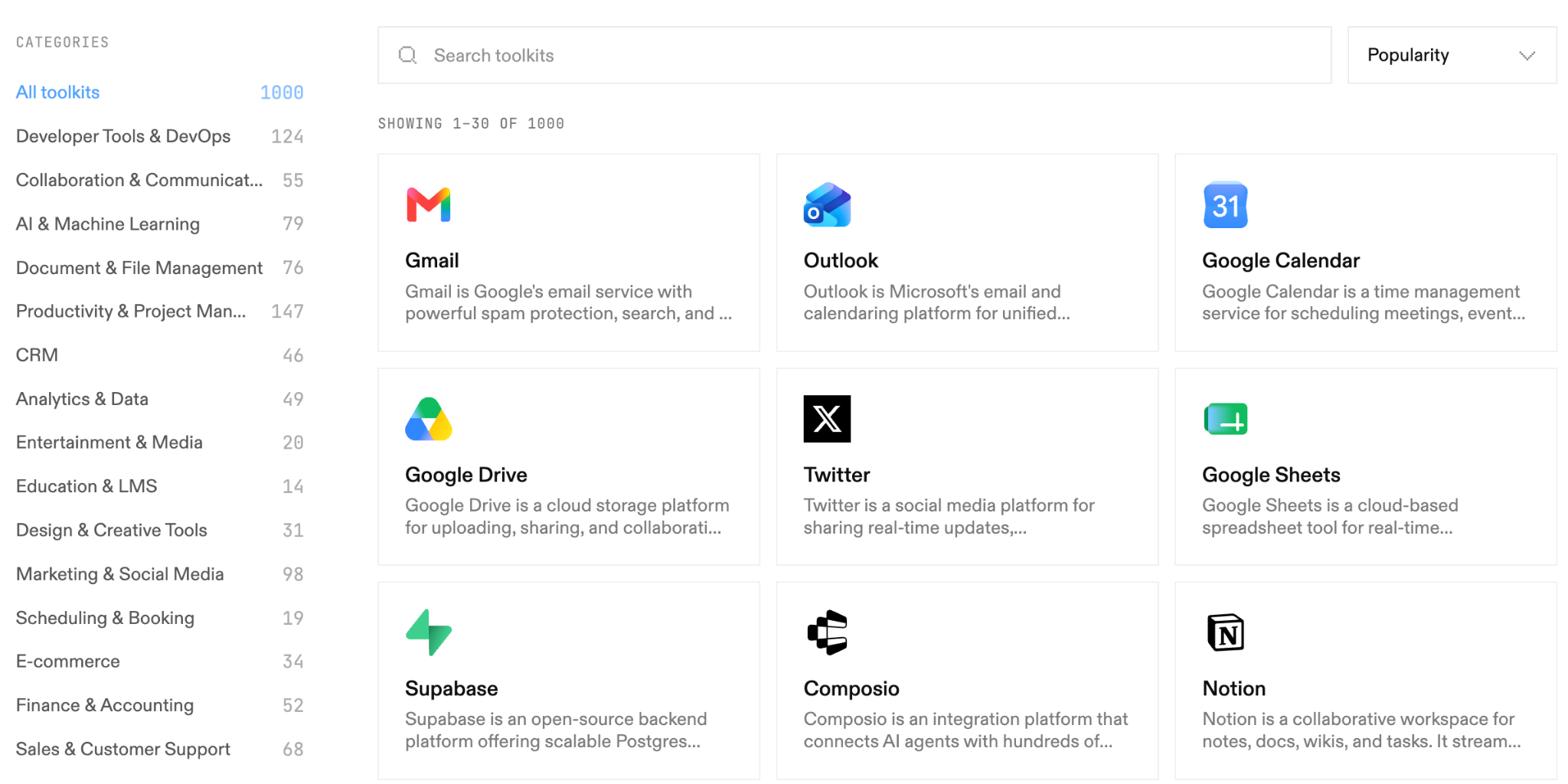 Composio offers 1,000 connectors (or “Toolkits) across software categories