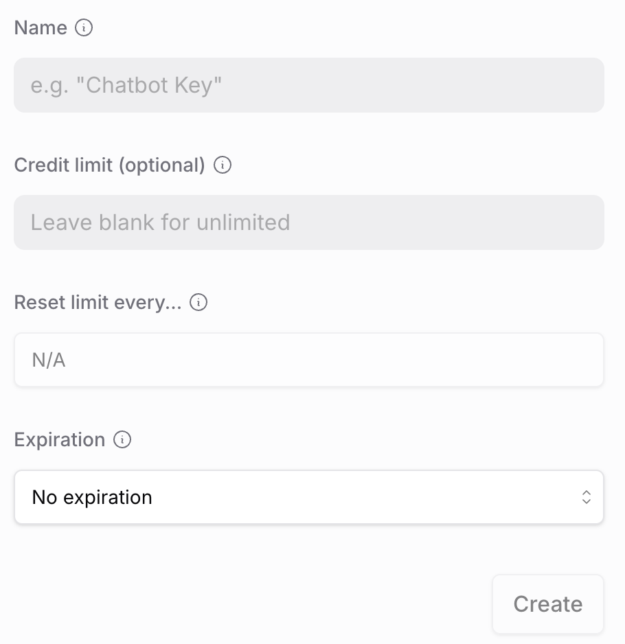 UI for creating an API key