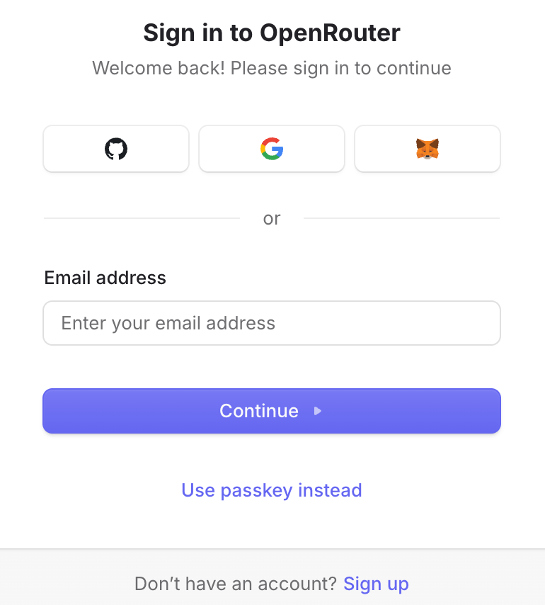 OpenRouter sign in UI