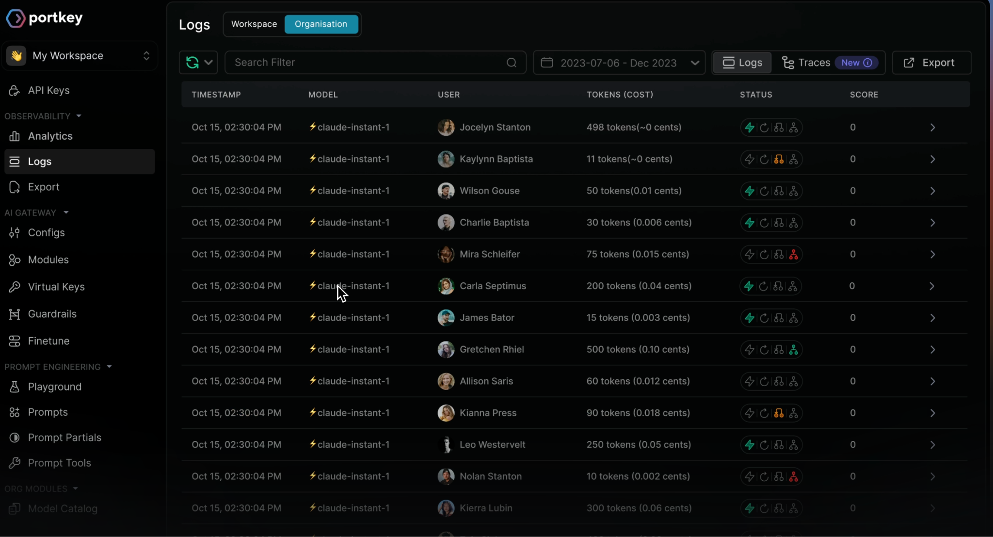 Snapshot of Portkey's logs