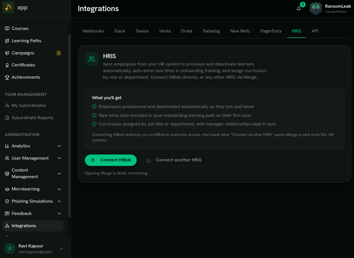 RansomLeak offers a direct HiBob integration; every other HRIS connection is powered by Merge