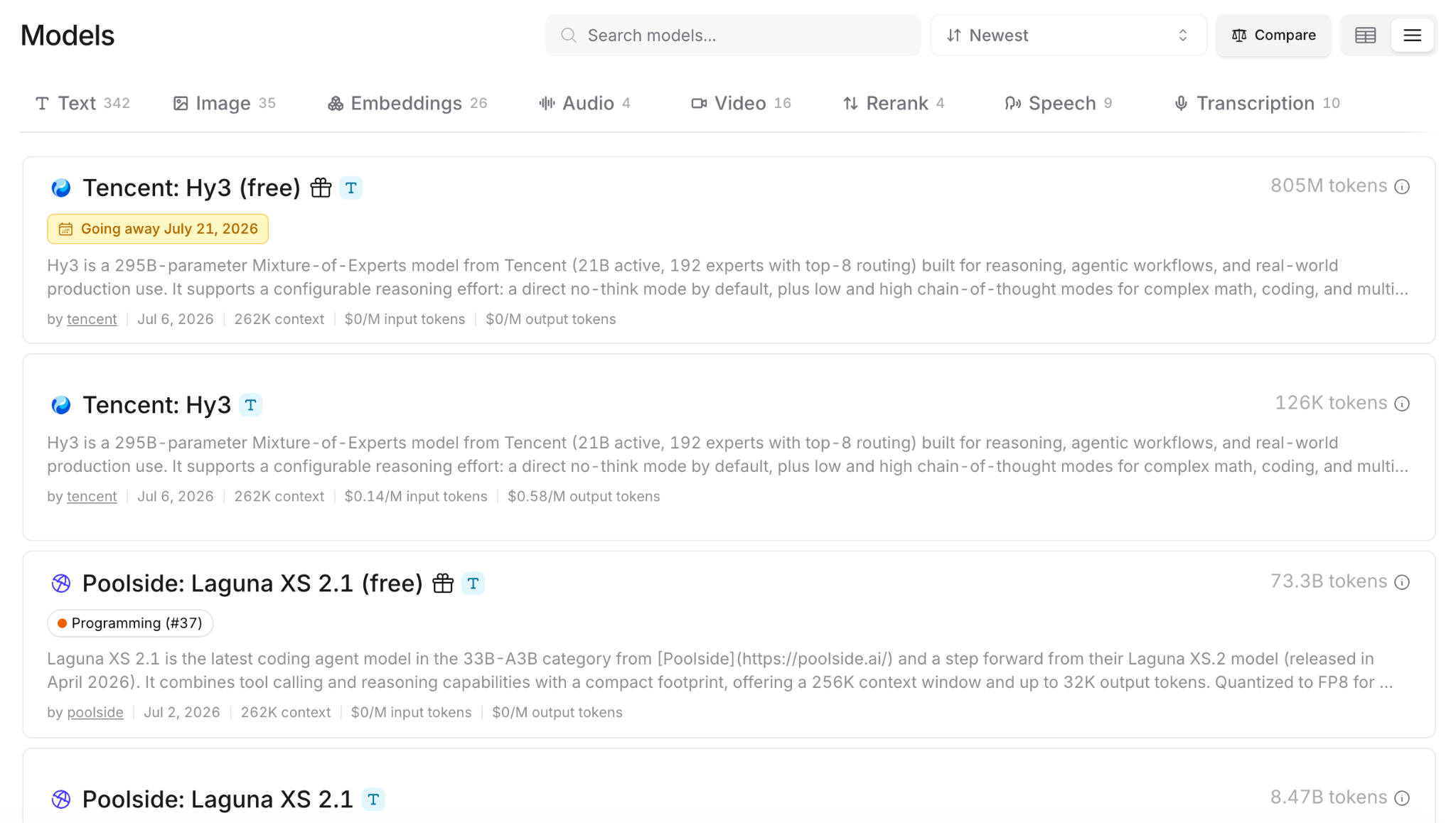 Snapshot of OpenRouter's models
