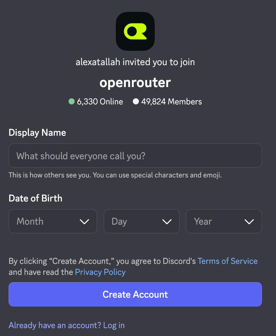 Invite form for OpenRouter’s Discord channel