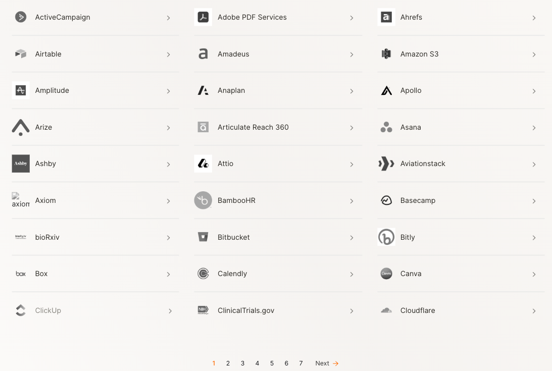Snapshot of the MCP connectors Merge AHFE offers