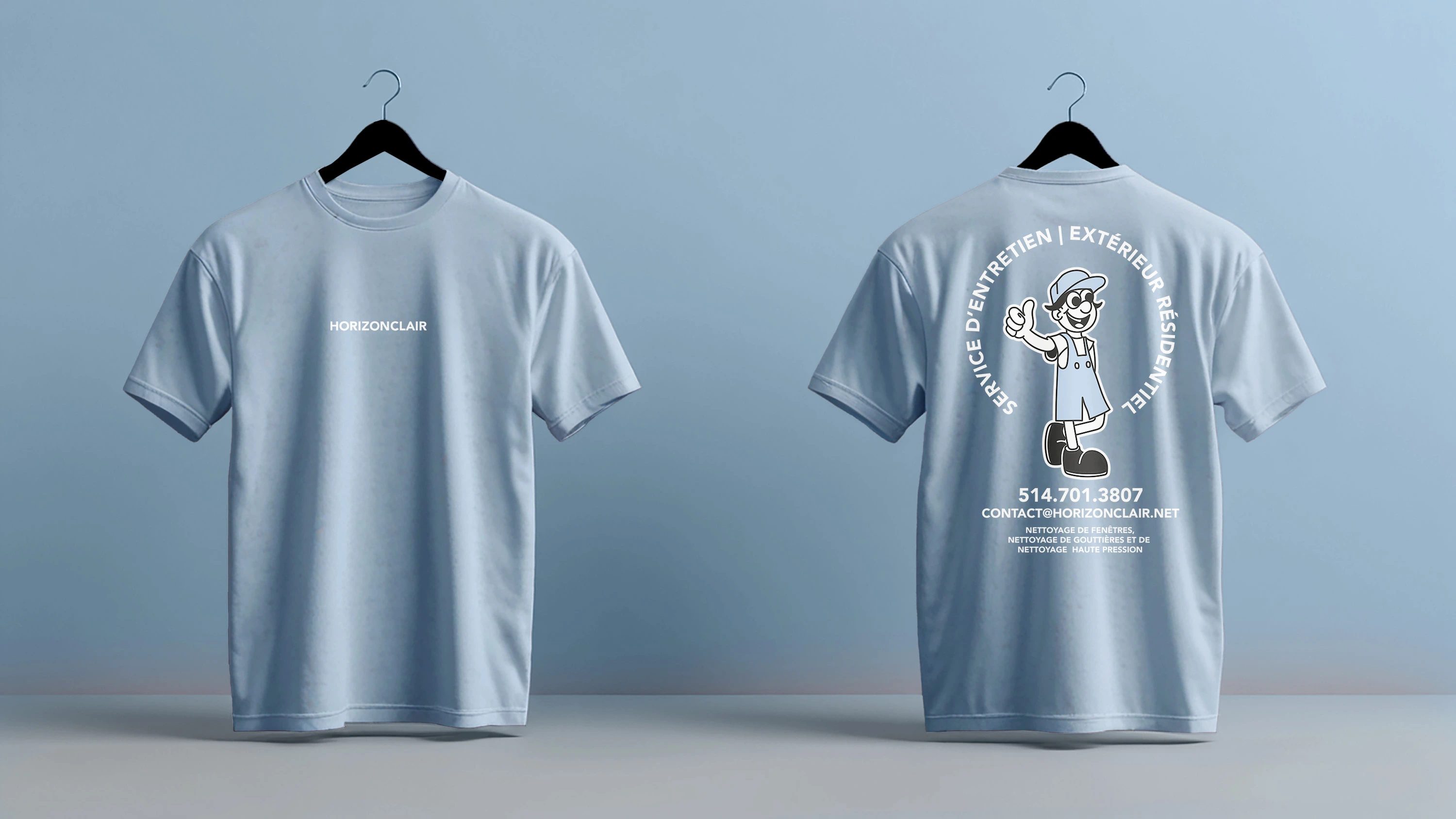Blue T-shirts for Horizon Clair window cleaning services with full body mascot on the back